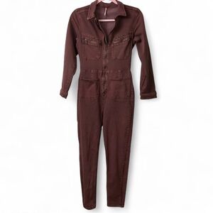 Free People Burgundy Denim Zip Front Utility Skinny Jumpsuit